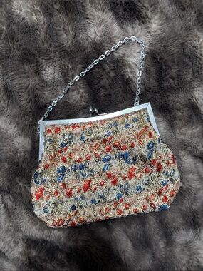 Vintage Floral Beaded Evening Clutch - Gold, Red & Blue